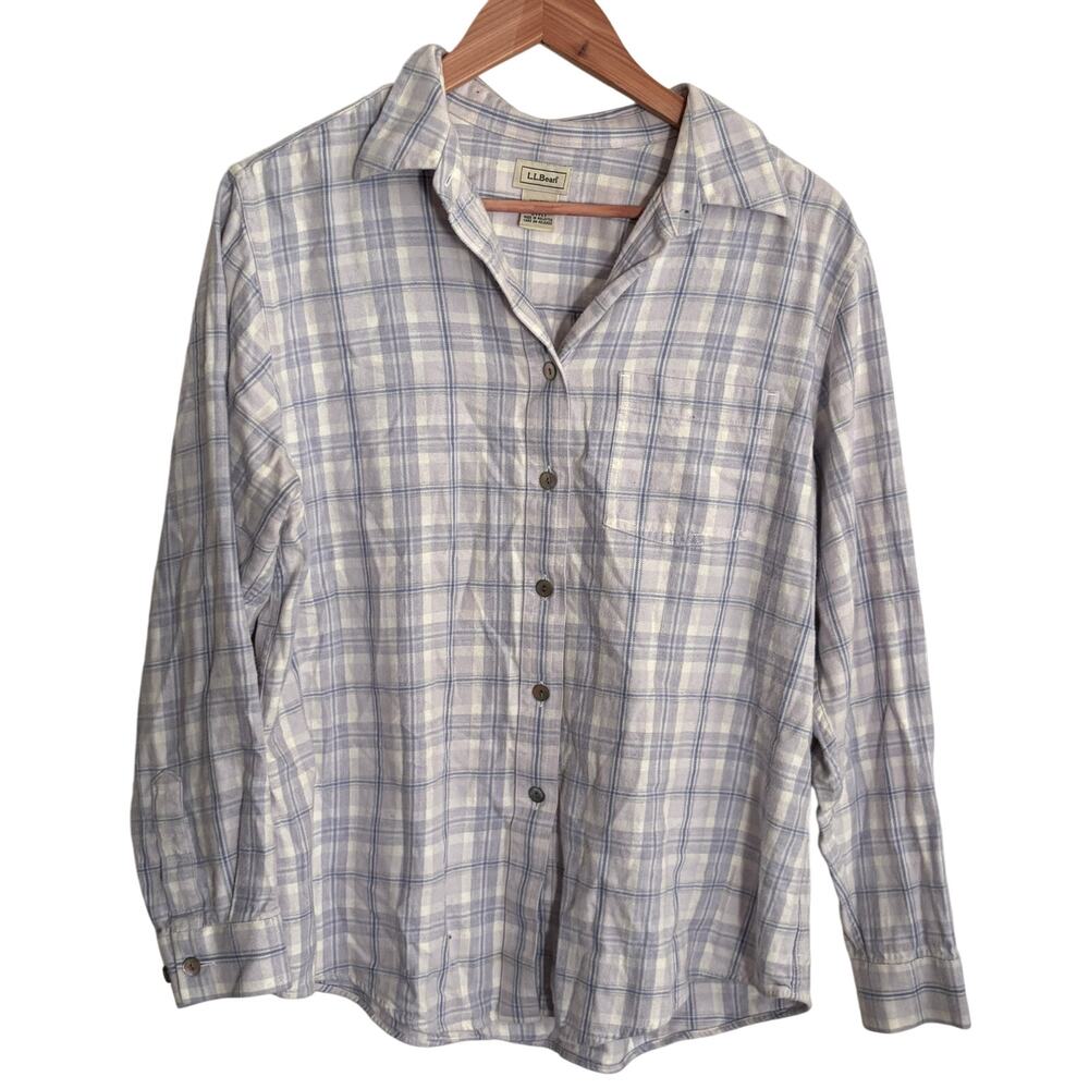 LL Bean Flannel Plaid Shirt M Plaid Blue Purple Button Top Shirt L.L. Bean